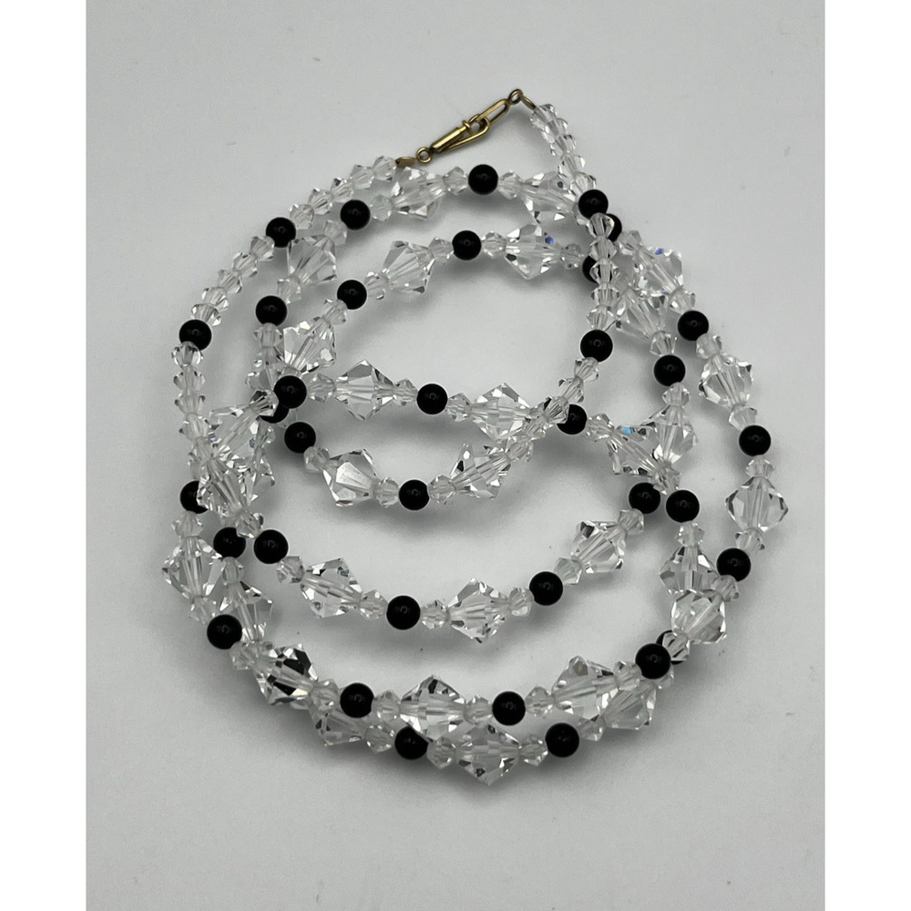 Vintage Faceted Glass Bead Necklace Clear & Black Push in Clasp Sparkly 30"